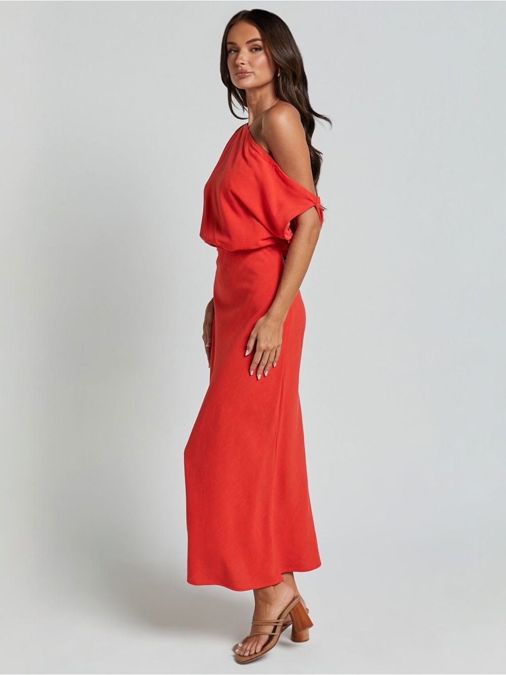 Showpo Jacqueline Linen One Shoulder Midi Dress Sunset NWT US 8 AU 12